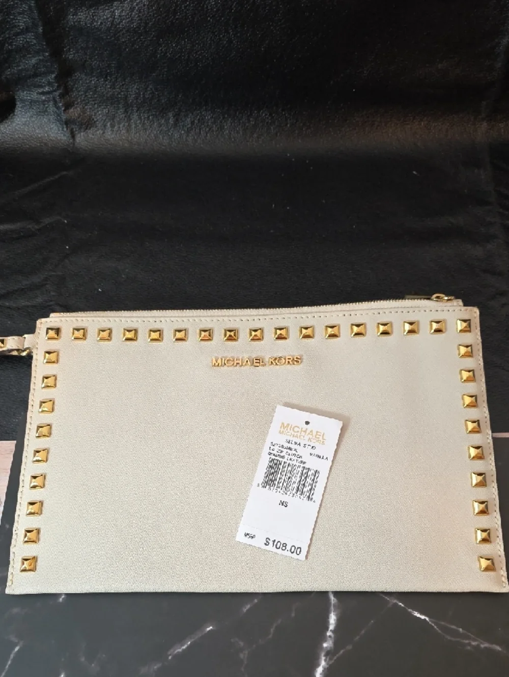 NWT Michael Kors Cream Leather Studded Wristlet with Gold Hardware